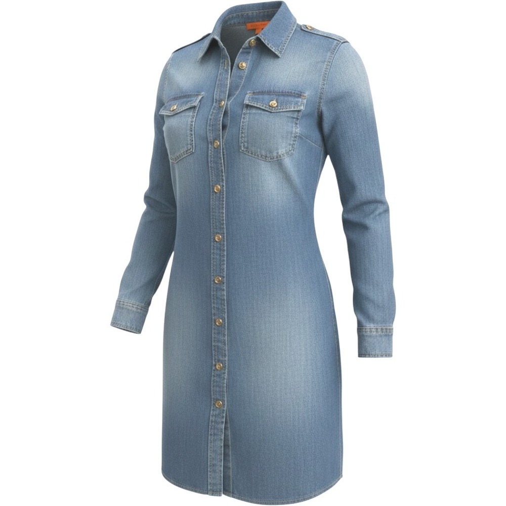 Tory Burch Shirt Dress Womens 6 Blue Chambray Gold Logo Button Military Utility - Picture 1 of 5